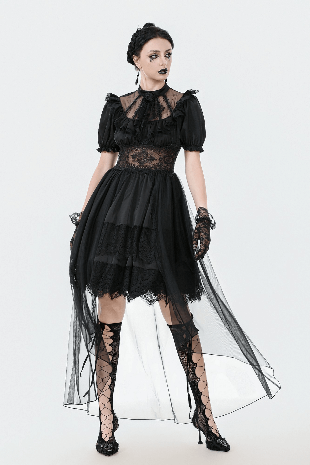 Elegant gothic lace and satin dress with puff sleeves, sheer skirt, and corset back, perfect for Victorian-inspired fashion.
