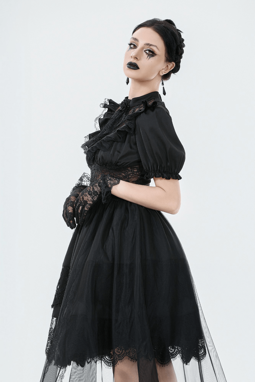 Chic gothic lace and satin dress with puff sleeves and corset back, perfect for Victorian-inspired styles.