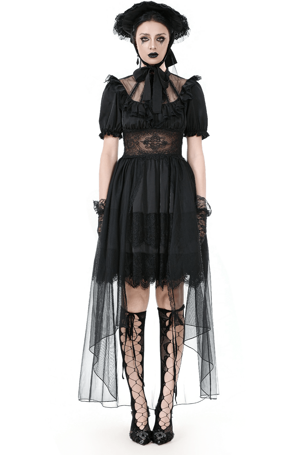 Chic black lace and satin dress with puff sleeves, corset back, and sheer skirt, perfect for gothic or Victorian-inspired looks.