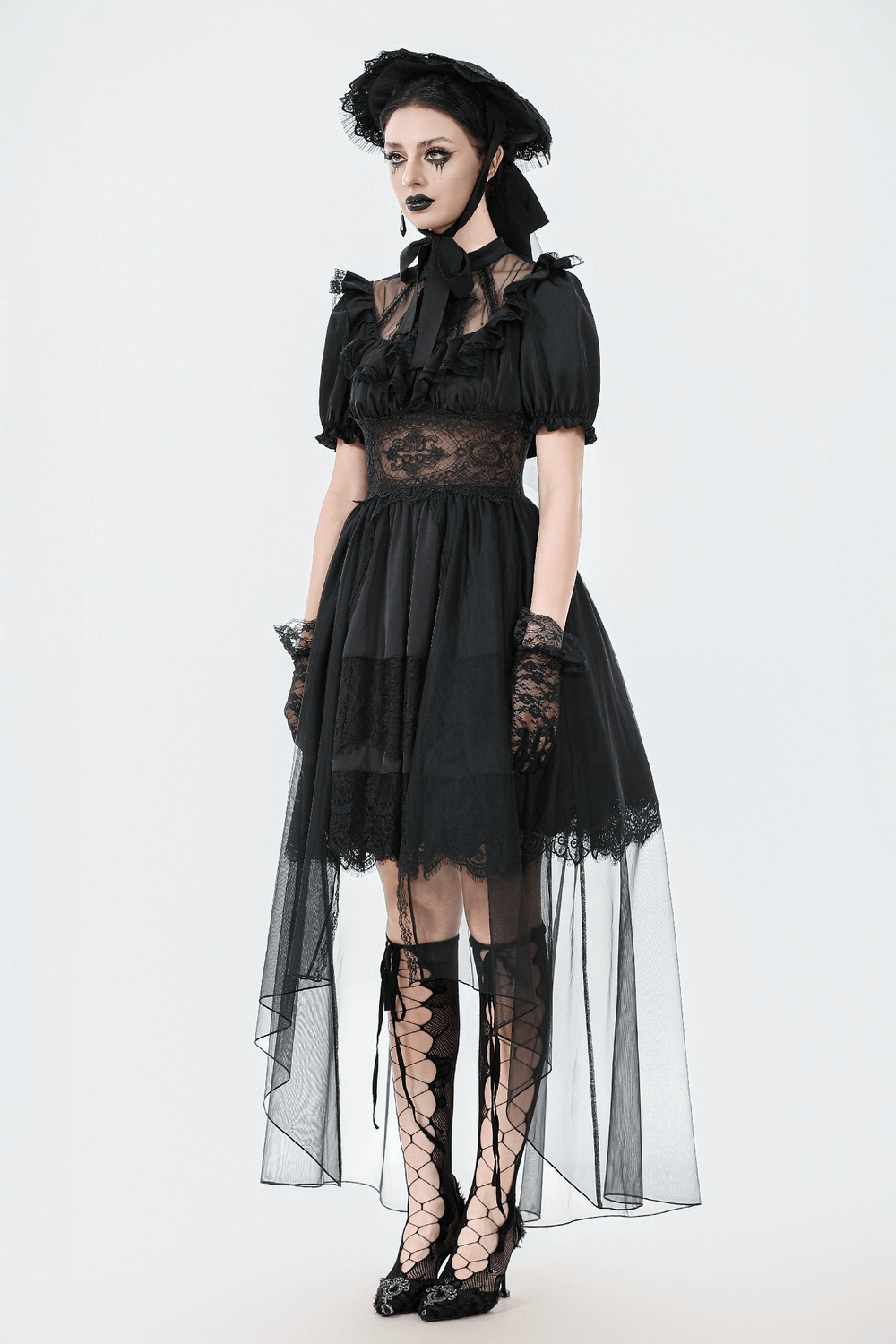 Chic gothic lace and satin dress with puff sleeves, sheer skirt, and corset back for dramatic Victorian-inspired looks.