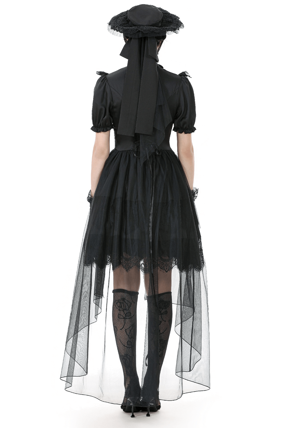 Back view of a chic gothic lace and satin dress with puff sleeves and sheer skirt, showcasing Victorian elegance.