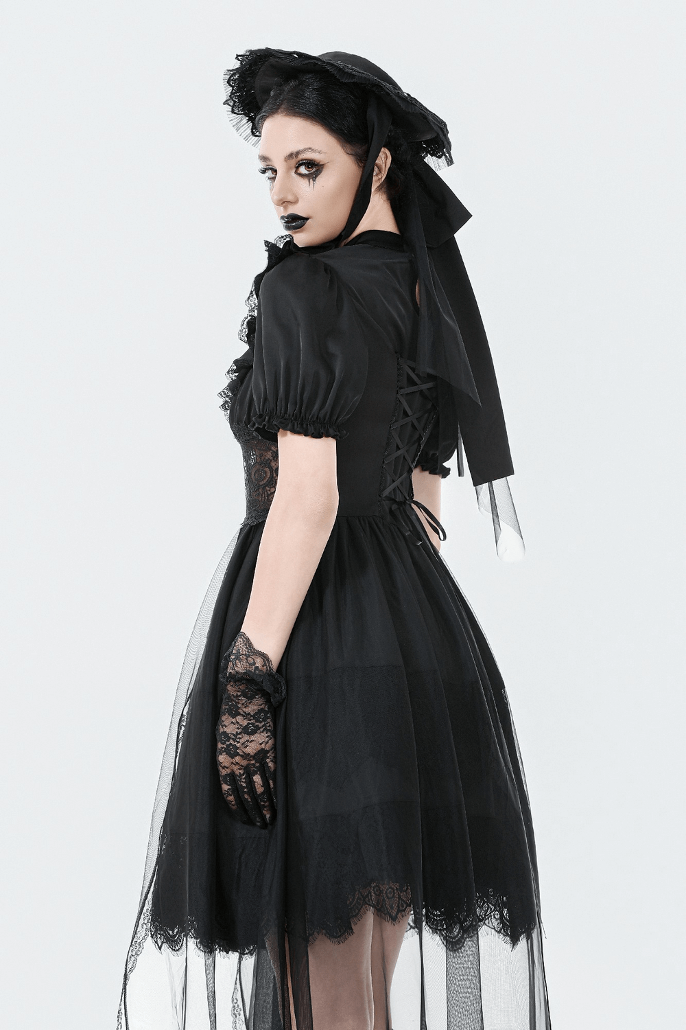 Chic gothic lace and satin dress featuring puff sleeves, corset back, and sheer skirt for Victorian-inspired elegance.