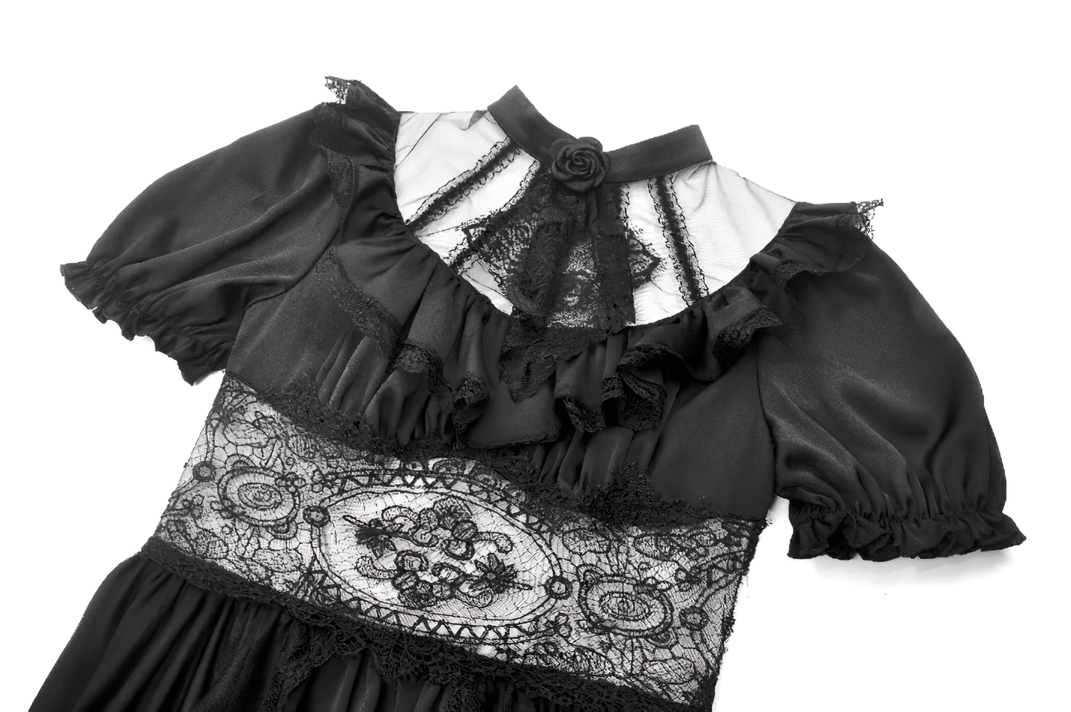 Chic black lace and satin dress featuring puff sleeves, high collar, and intricate detailing, perfect for gothic elegance.