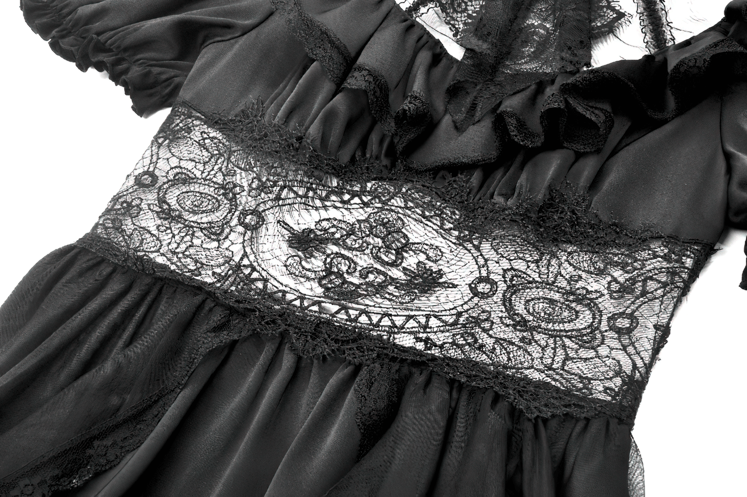 Close-up of a gothic lace and satin dress with intricate black lace detailing and puff sleeves.