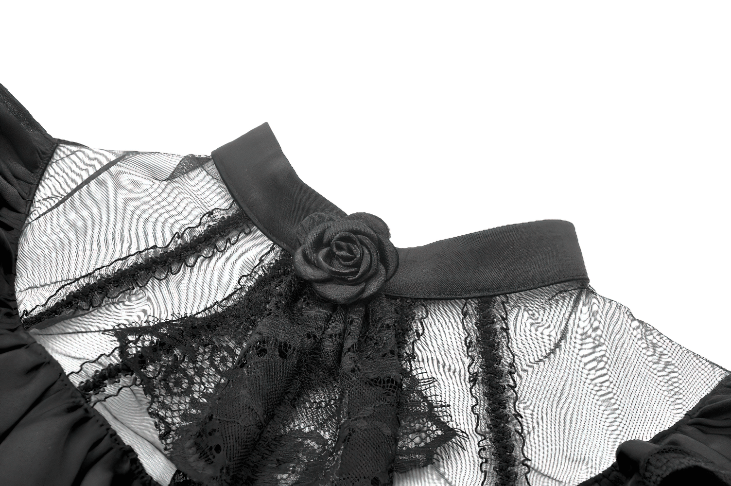 Close-up of black lace and satin dress collar featuring a rose embellishment, ideal for gothic and Victorian styles.