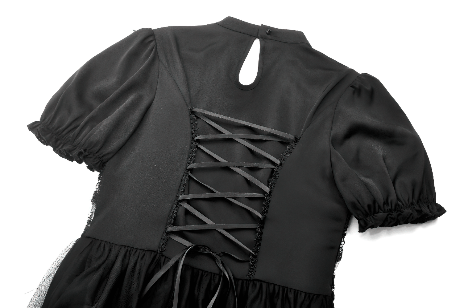 Close-up of the corset back lacing and puff sleeves of a chic black gothic lace and satin dress.