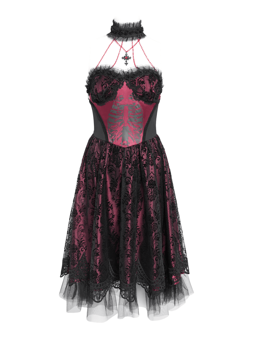 Chic Gothic black and burgundy dress with skeleton print, lace detailing, and tulle skirt perfect for bold looks.