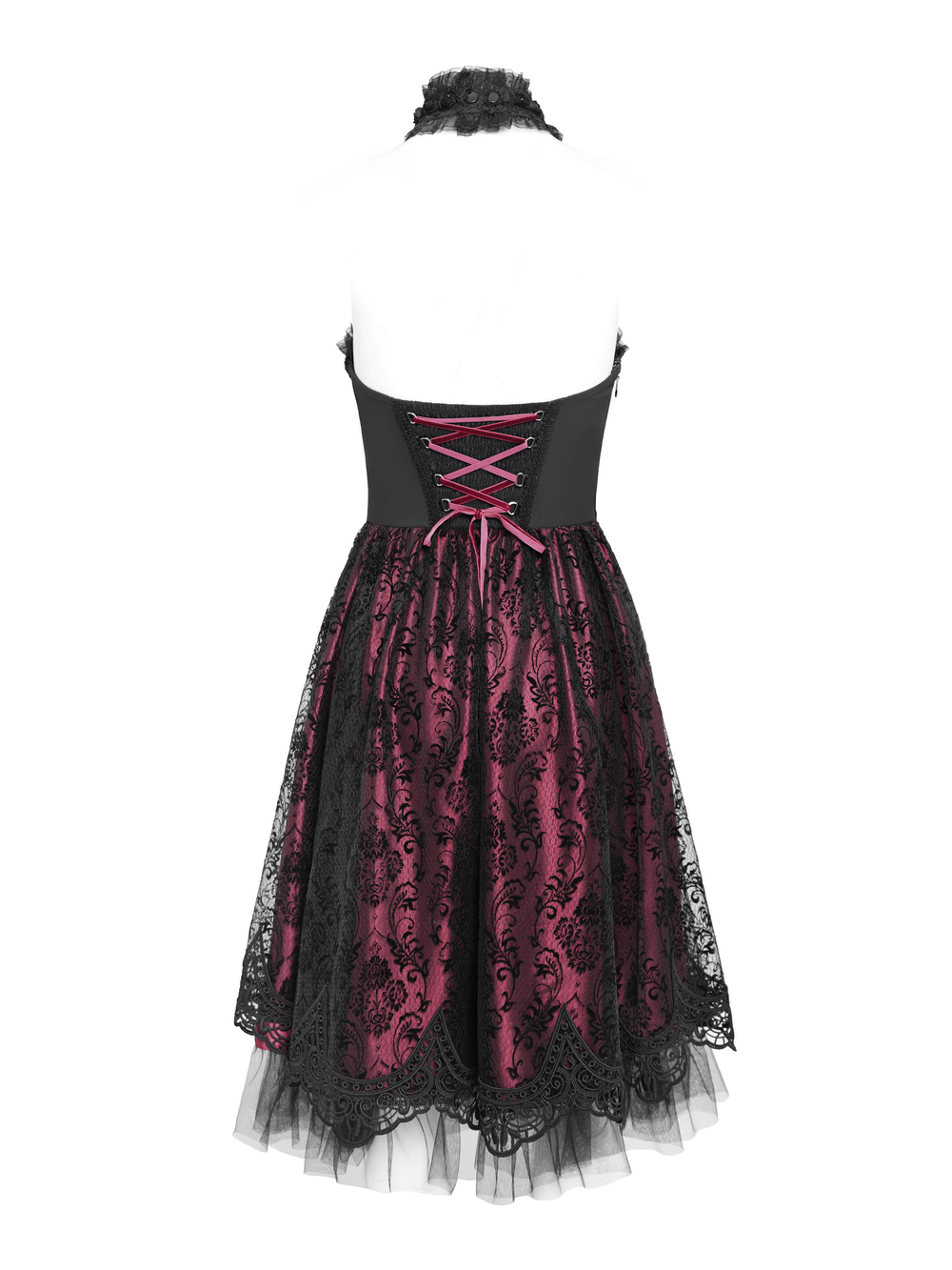 Back view of a chic black and burgundy gothic dress with lace detail and tulle skirt, showcasing a corset style.