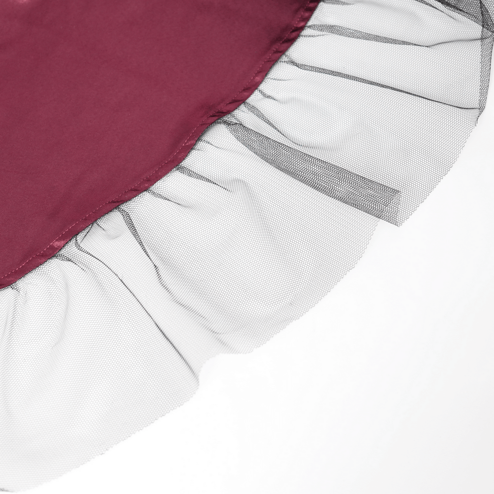 Burgundy lace trim with black tulle ruffle from a gothic-inspired dress for dramatic flair.