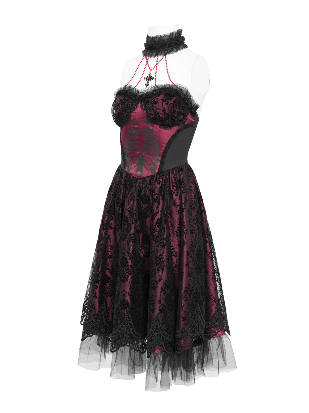 Chic black and burgundy gothic dress with skeleton print, lace detailing, and tulle skirt for bold fashion statements.
