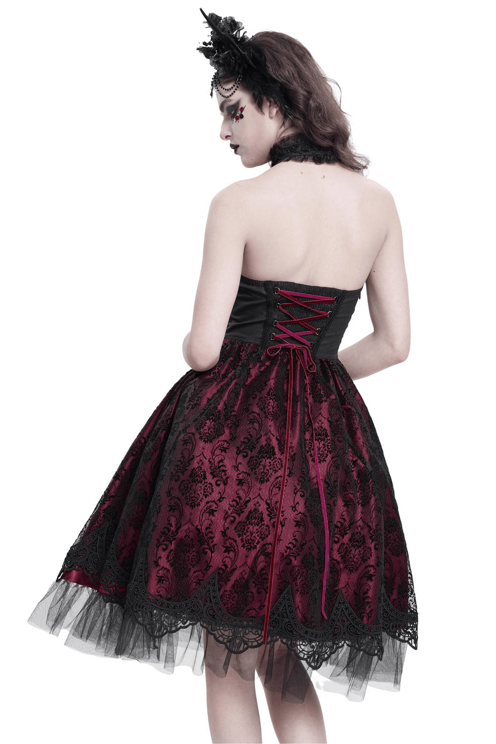 Chic black and burgundy gothic dress with lace and tulle, featuring a corset back and a dramatic silhouette.