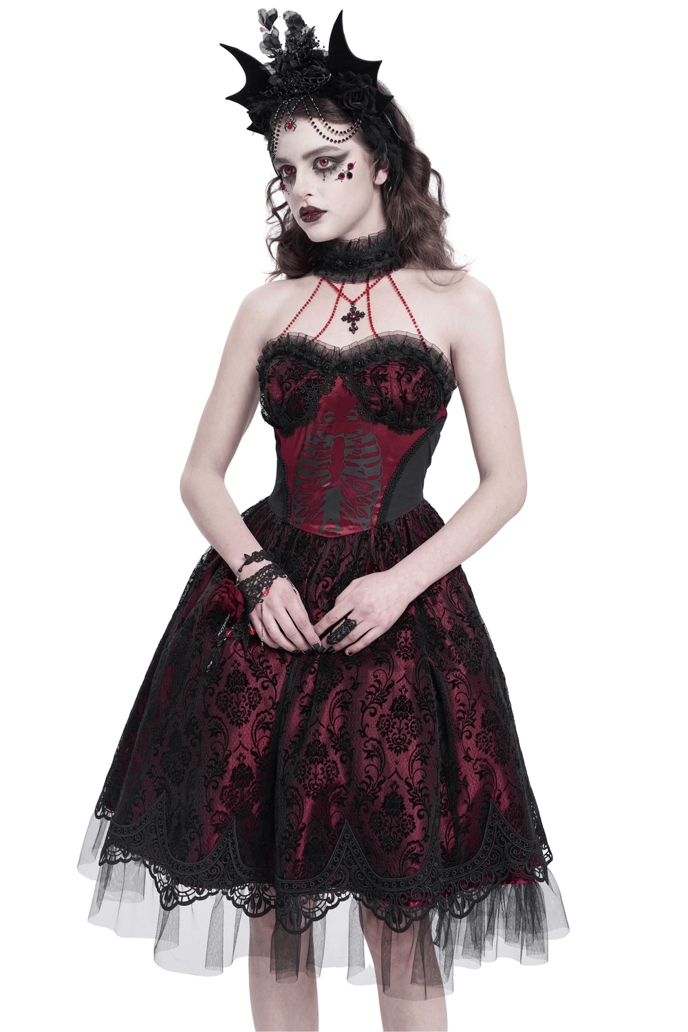 Gothic-inspired black and burgundy corset dress with skeleton print and tulle skirt, perfect for themed events.