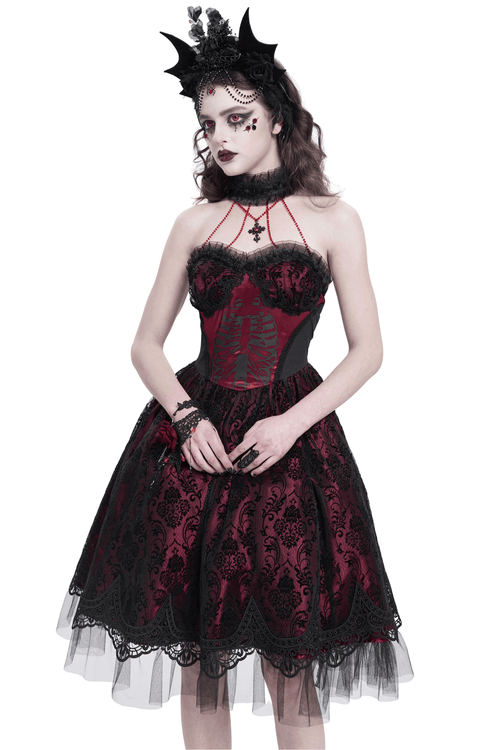 Chic Lace and Tulle Gothic Dress with Skeleton Print
