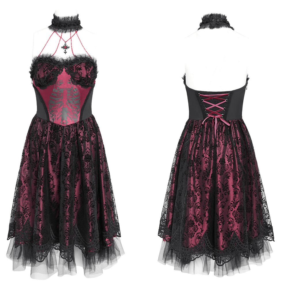 Chic Gothic lace and tulle dress with skeleton print in black and burgundy, featuring a corset design for dramatic flair.