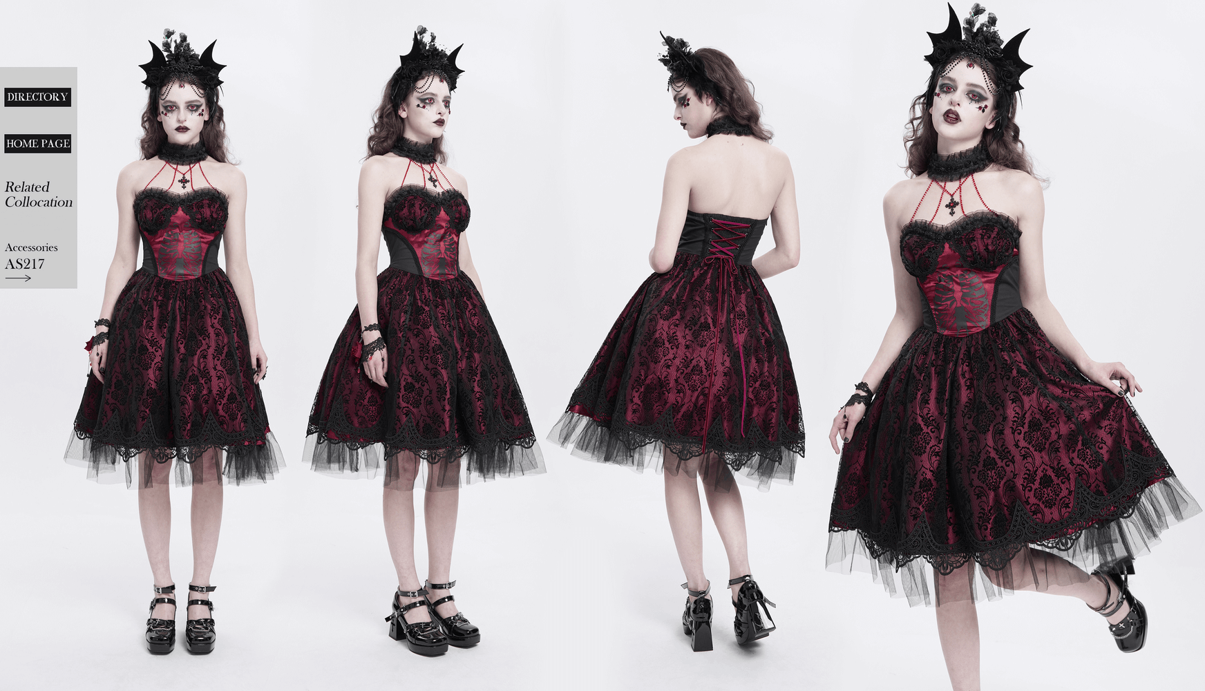 Gothic black and burgundy corset dress with lace and tulle, featuring a dramatic silhouette and stylish details.