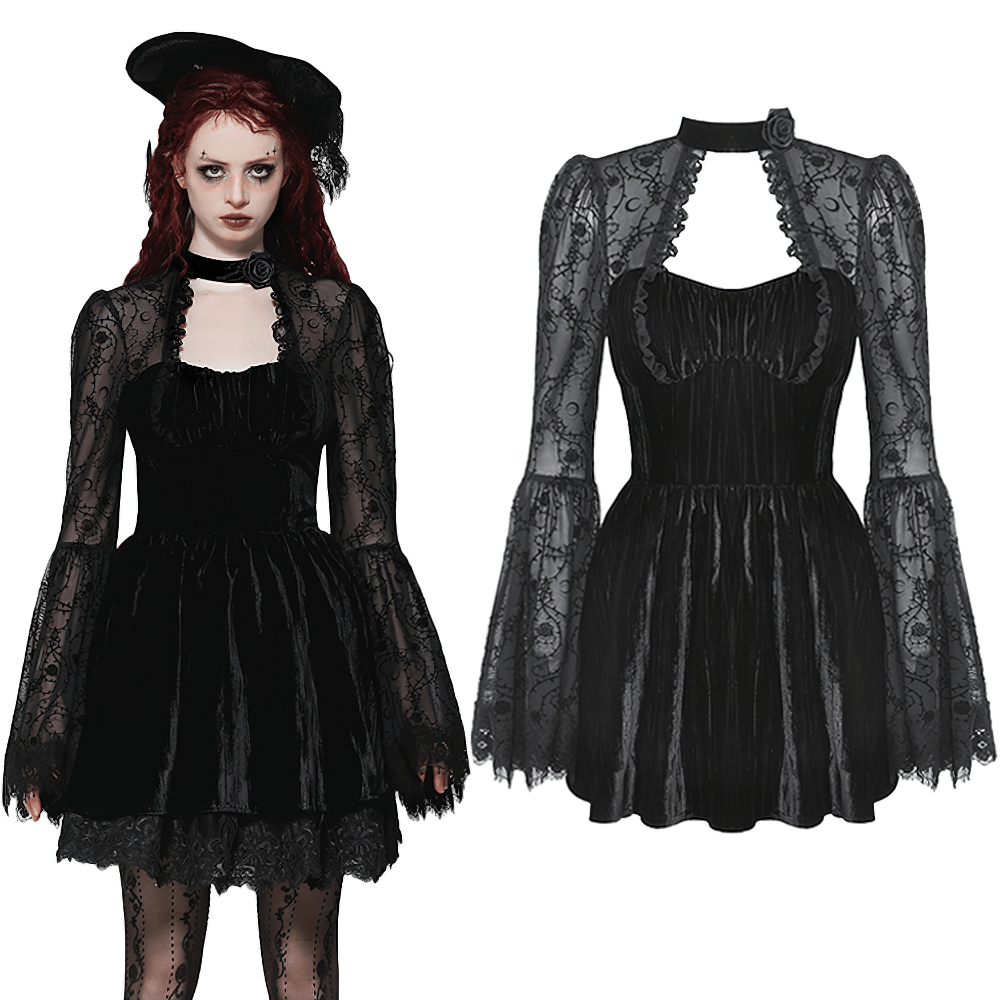 Chic black lace gothic dress with flared sleeves and rose detail, perfect for elegant evening events.