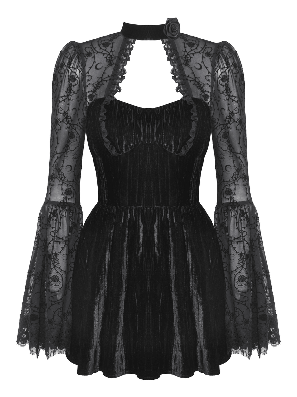 Elegant black lace gothic dress with flared sleeves and rose detail, perfect for a standout evening look.