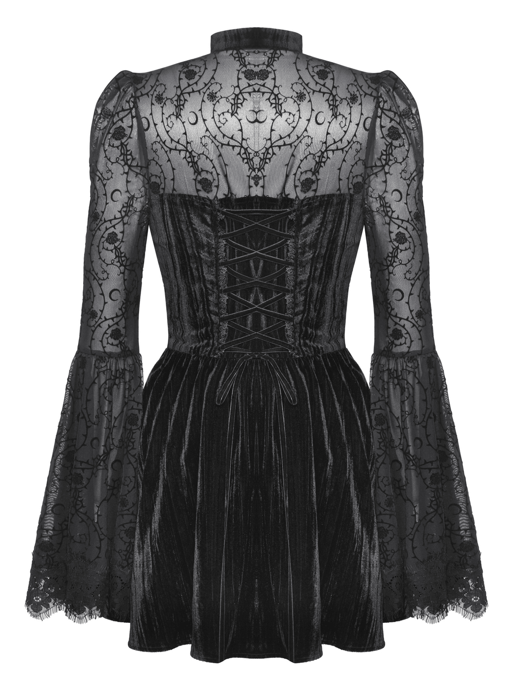 Elegant black lace dress with flared sleeves and intricate back detailing, showcasing gothic vintage charm.