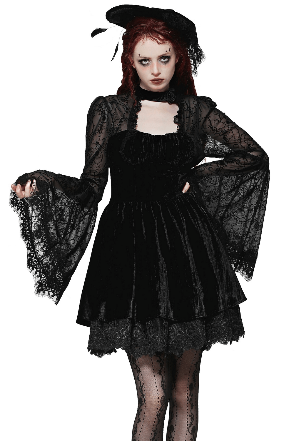 Elegant black lace gothic dress with flared sleeves, showcasing vintage charm and dramatic flair for evening wear.