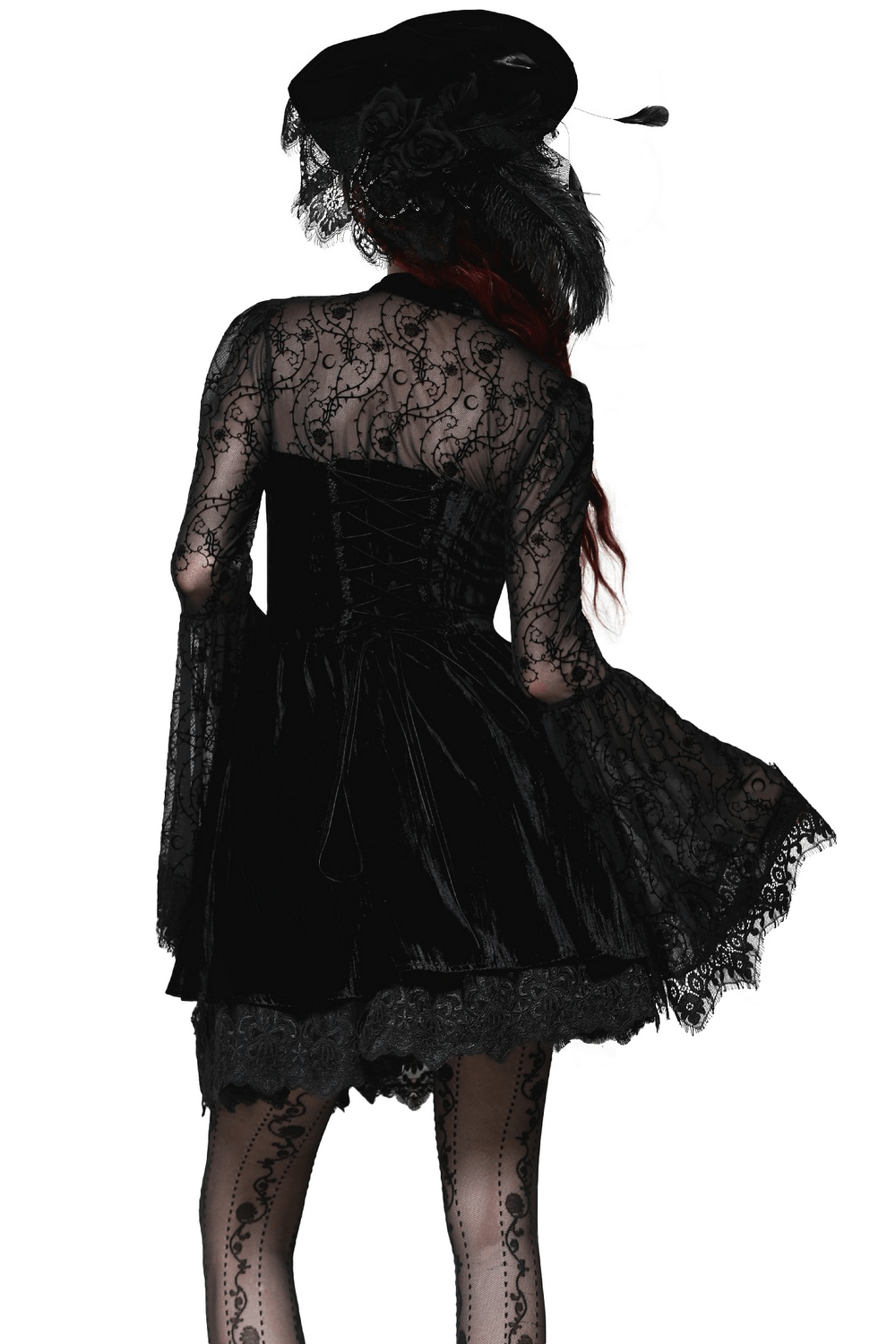 Elegant black lace gothic dress with flared sleeves, showcasing vintage charm and dramatic flair. Perfect for evening wear.