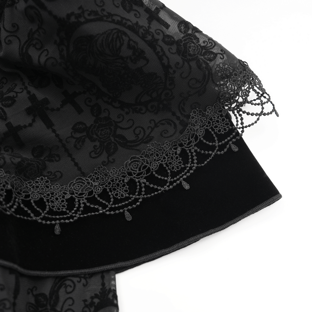 Intricate black lace fabric with floral patterns and bead accents, perfect for gothic fashion and elegant designs.