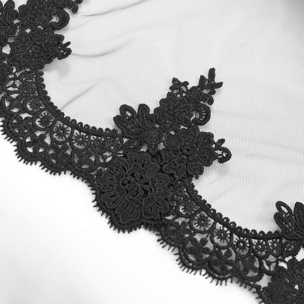 Intricate black lace detailing with floral accents on a sheer fabric background. Perfect for gothic fashion.