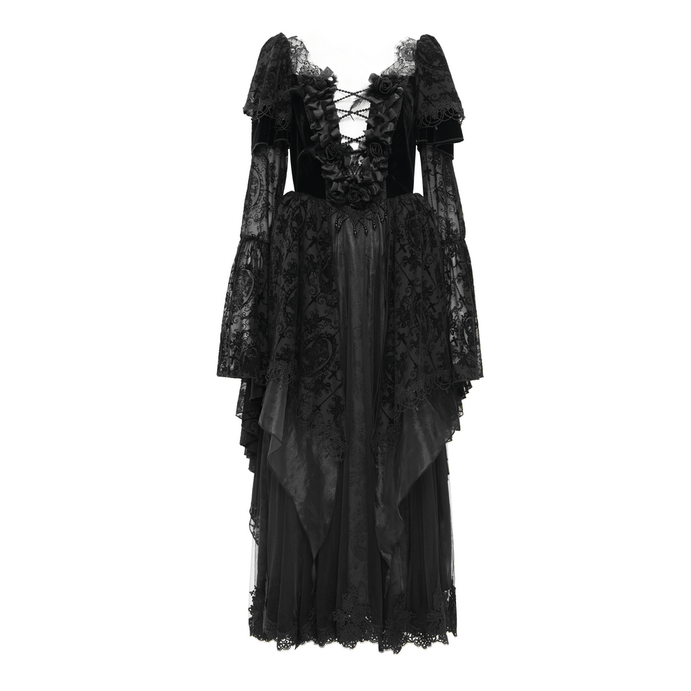 Elegant black gothic dress with lace details, bell sleeves, and ruffled bodice for a dramatic silhouette.