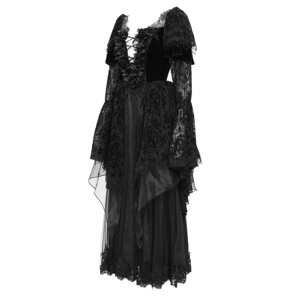 Elegant black gothic dress with lace, bell sleeves, ruffle details, and floral accents for a dramatic silhouette.