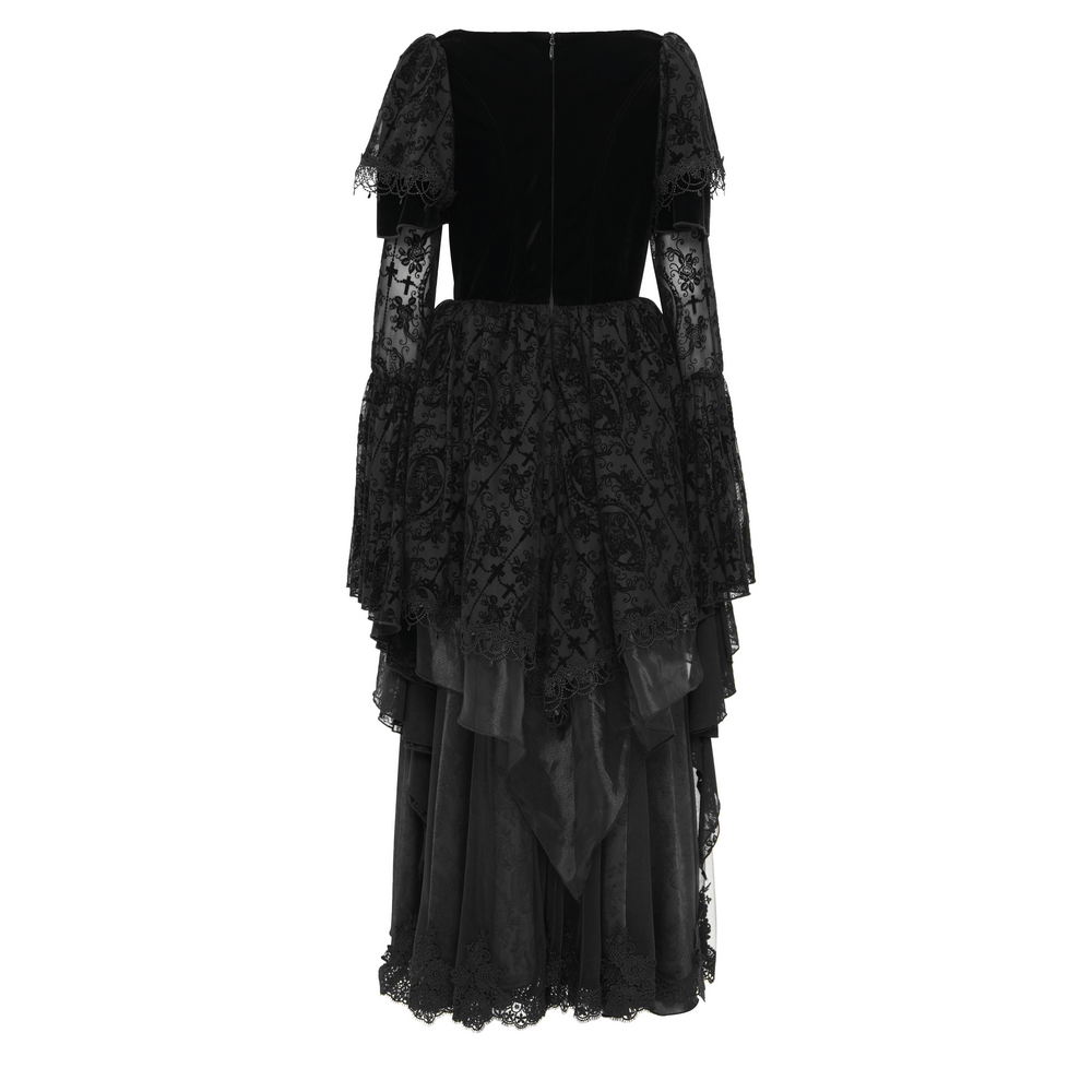 Elegant black gothic dress with lace bell sleeves and ruffled layered skirt, perfect for themed events and cosplay.