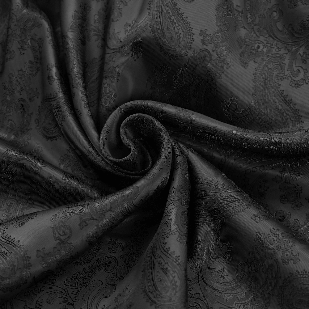 Elegant black paisley fabric in a swirling pattern, perfect for gothic or formal attire.