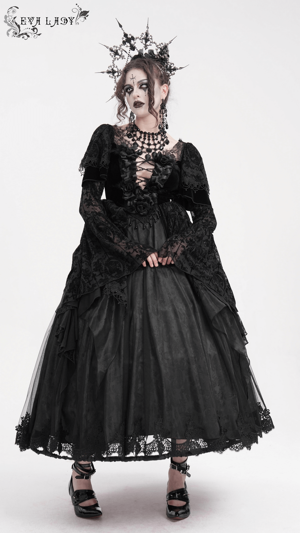 Elegant black gothic lace dress with bell sleeves, ruffled bodice, and floral accents, perfect for themed events and cosplay.