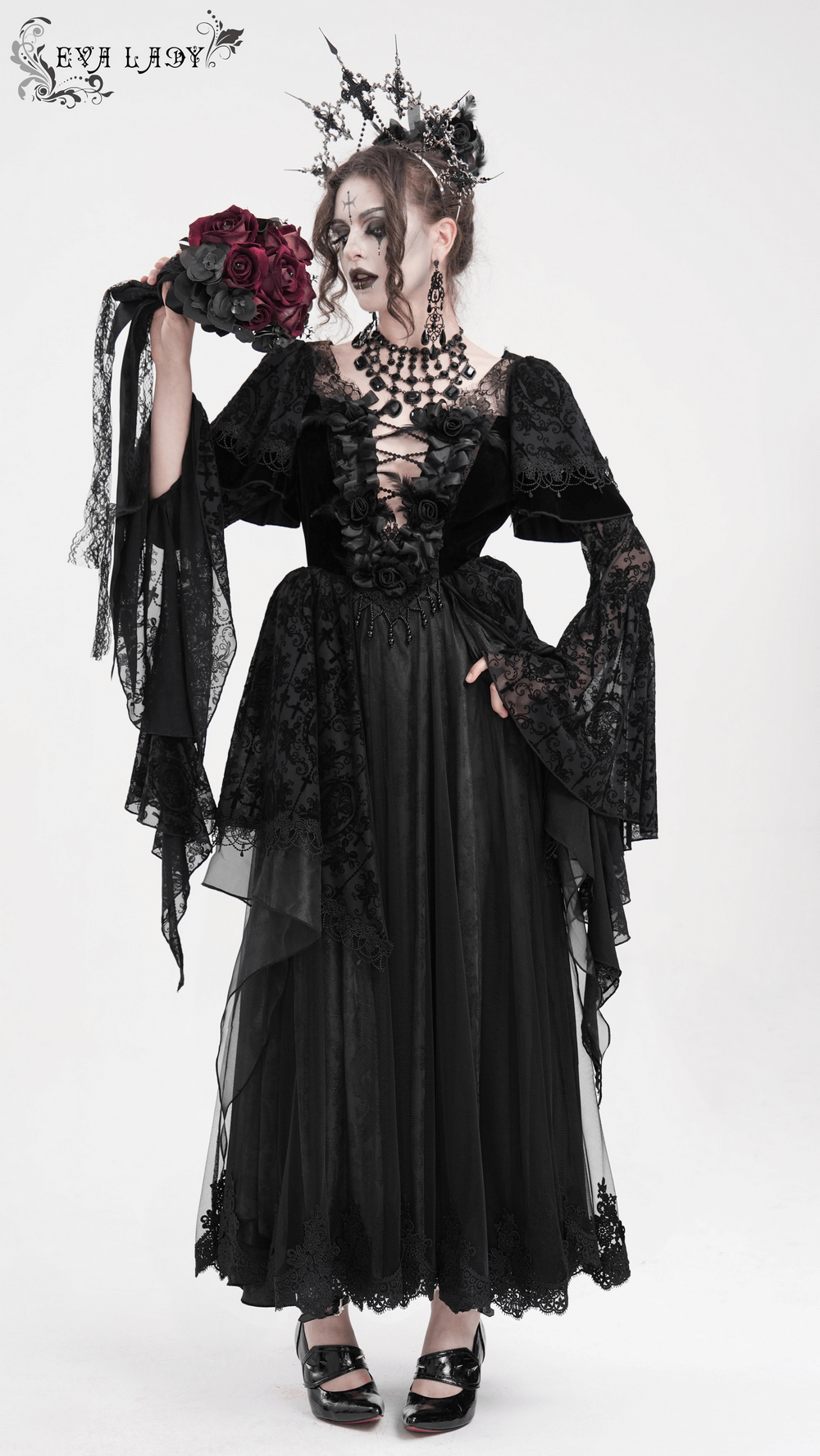 Elegant black gothic dress with lace details, bell sleeves, and floral accents, perfect for themed events or cosplay.