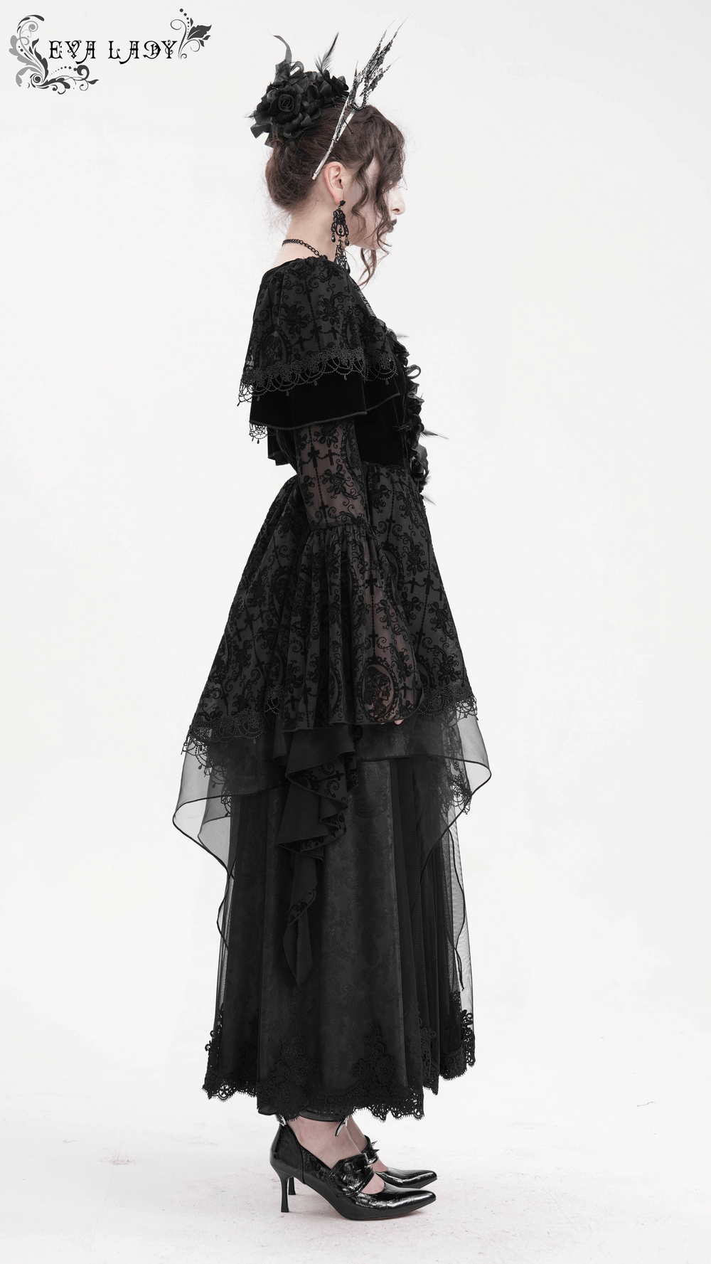 Elegant black gothic dress with lace details and bell sleeves, featuring ruffles and a dramatic silhouette. Perfect for themed events.