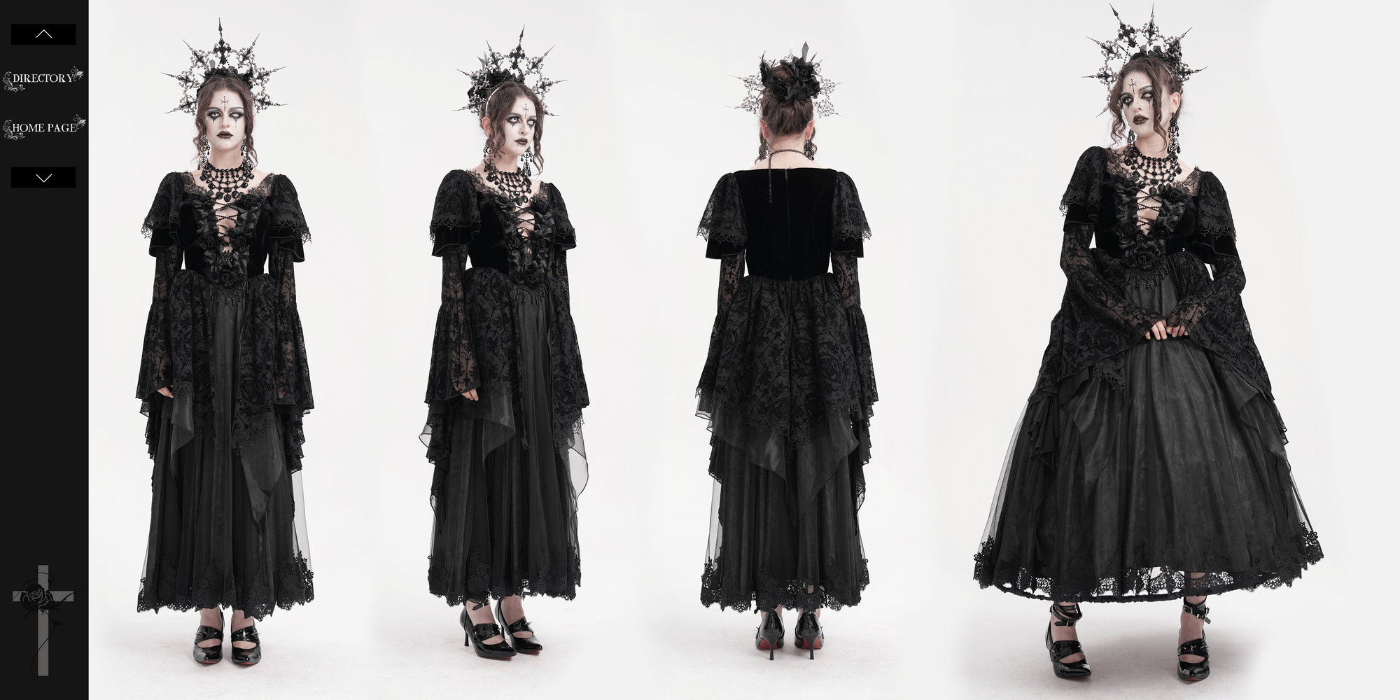 Stunning black gothic lace dress with bell sleeves and floral details, perfect for cosplay or themed events.