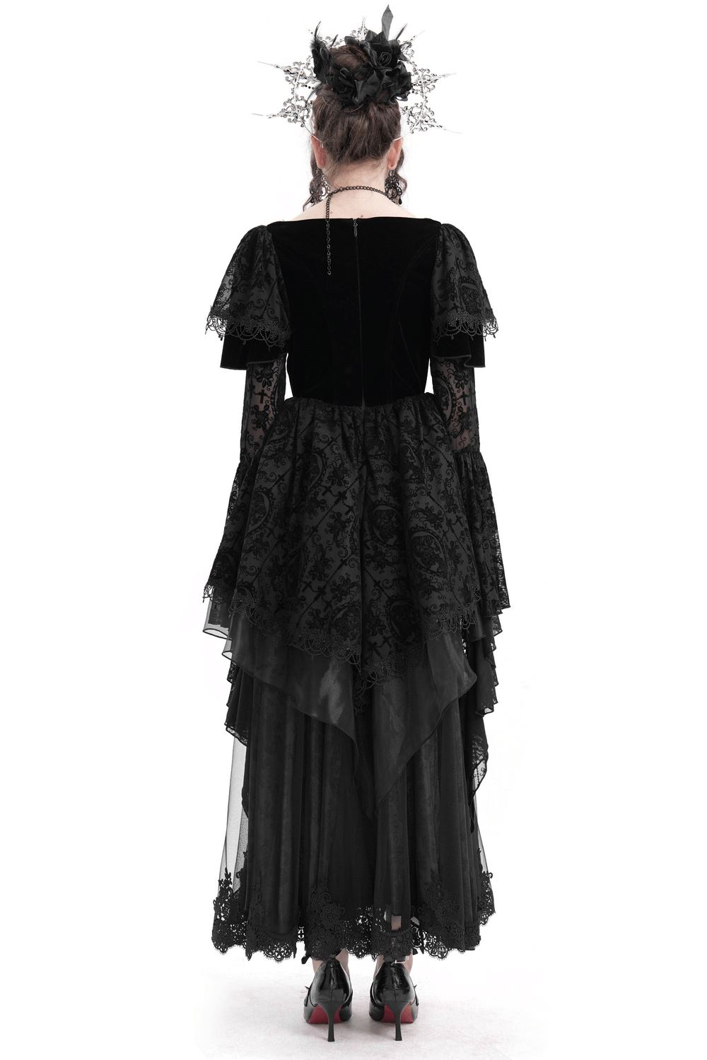 Elegant black gothic dress with lace detailing, bell sleeves, and ruffled skirt, perfect for themed events and cosplay.