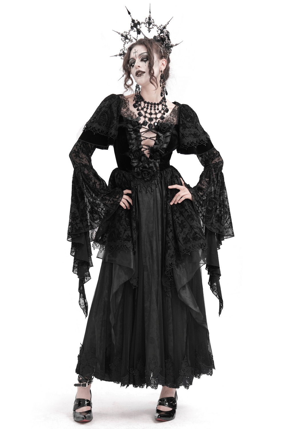 Elegant black gothic dress with lace detailing, bell sleeves, and floral accents for a stunning Victorian look.