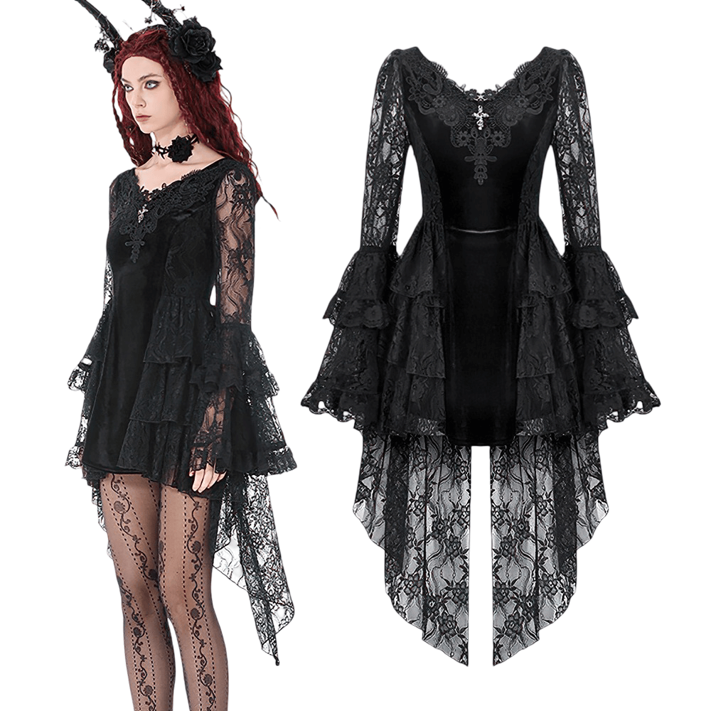 Chic Lace High Low Dress with Corset Back and Bell Sleeves showcasing gothic elegance and layered ruffles.