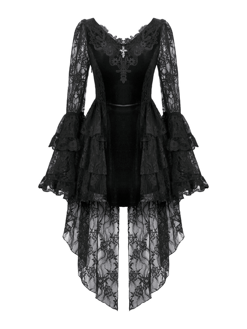 Chic Lace High Low Dress with Corset Back and Bell Sleeves featuring layered ruffles and sheer floral lace.