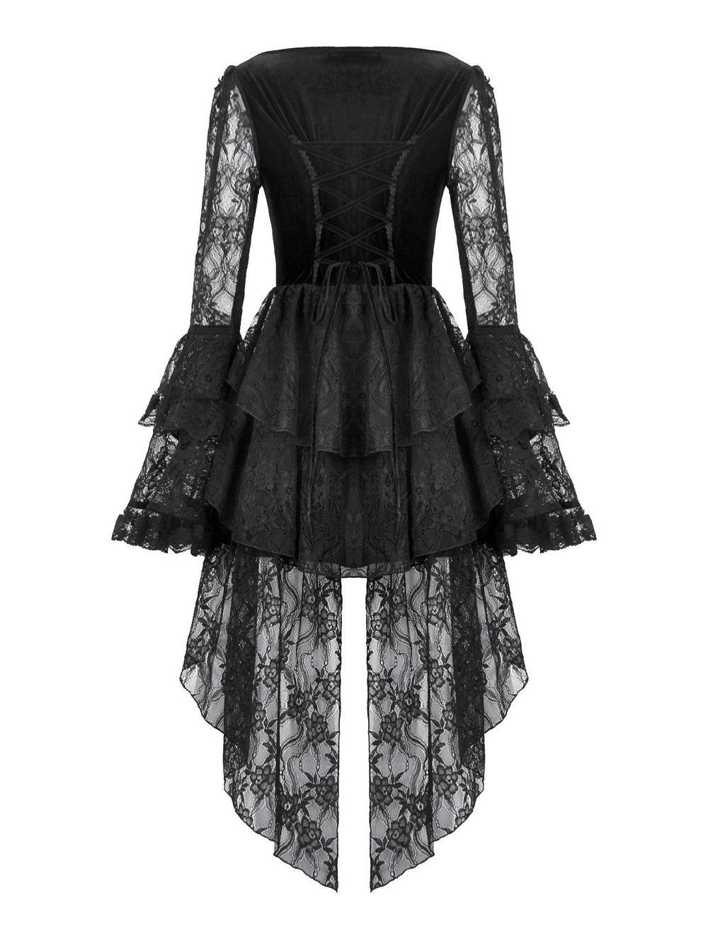 Chic Lace High Low Dress with Corset Back and Bell Sleeves featuring layered ruffles and sheer floral lace.