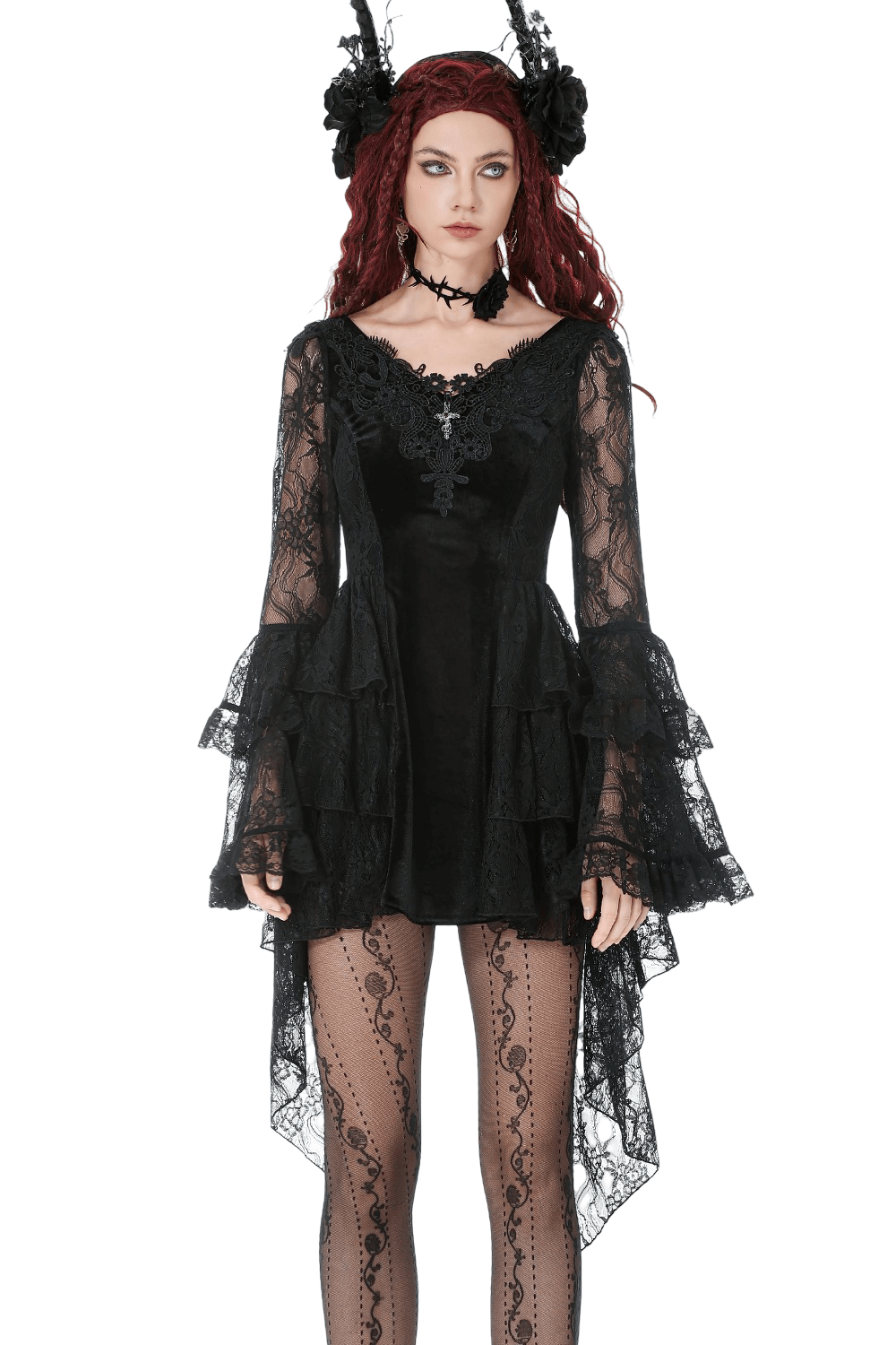 Chic Lace High Low Dress with Corset Back and Bell Sleeves showcased by a model in a gothic setting.