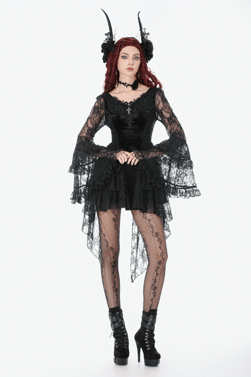 Chic Lace High Low Dress with Corset Back and Bell Sleeves worn by model, showcasing gothic lace and dramatic bell sleeves.