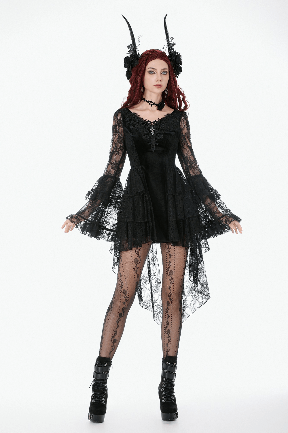 Chic Lace High Low Dress with Corset Back and Bell Sleeves featuring dramatic lace layers and gothic style.
