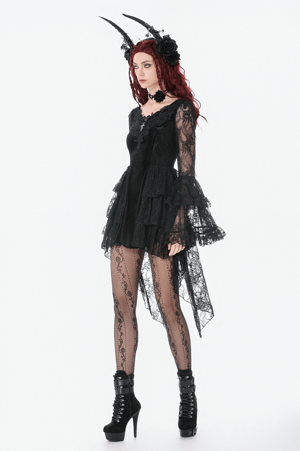 Chic Lace High Low Dress with Corset Back and Bell Sleeves worn by a model with dramatic horns and gothic accessories.