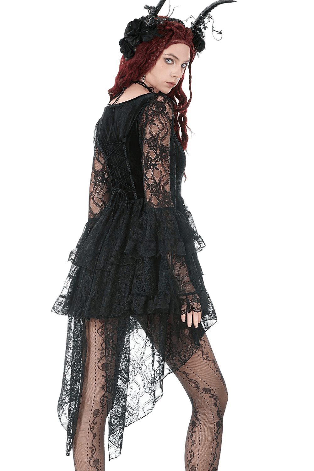 Chic Lace High Low Dress with Corset Back and Bell Sleeves worn by model with red hair and horns.