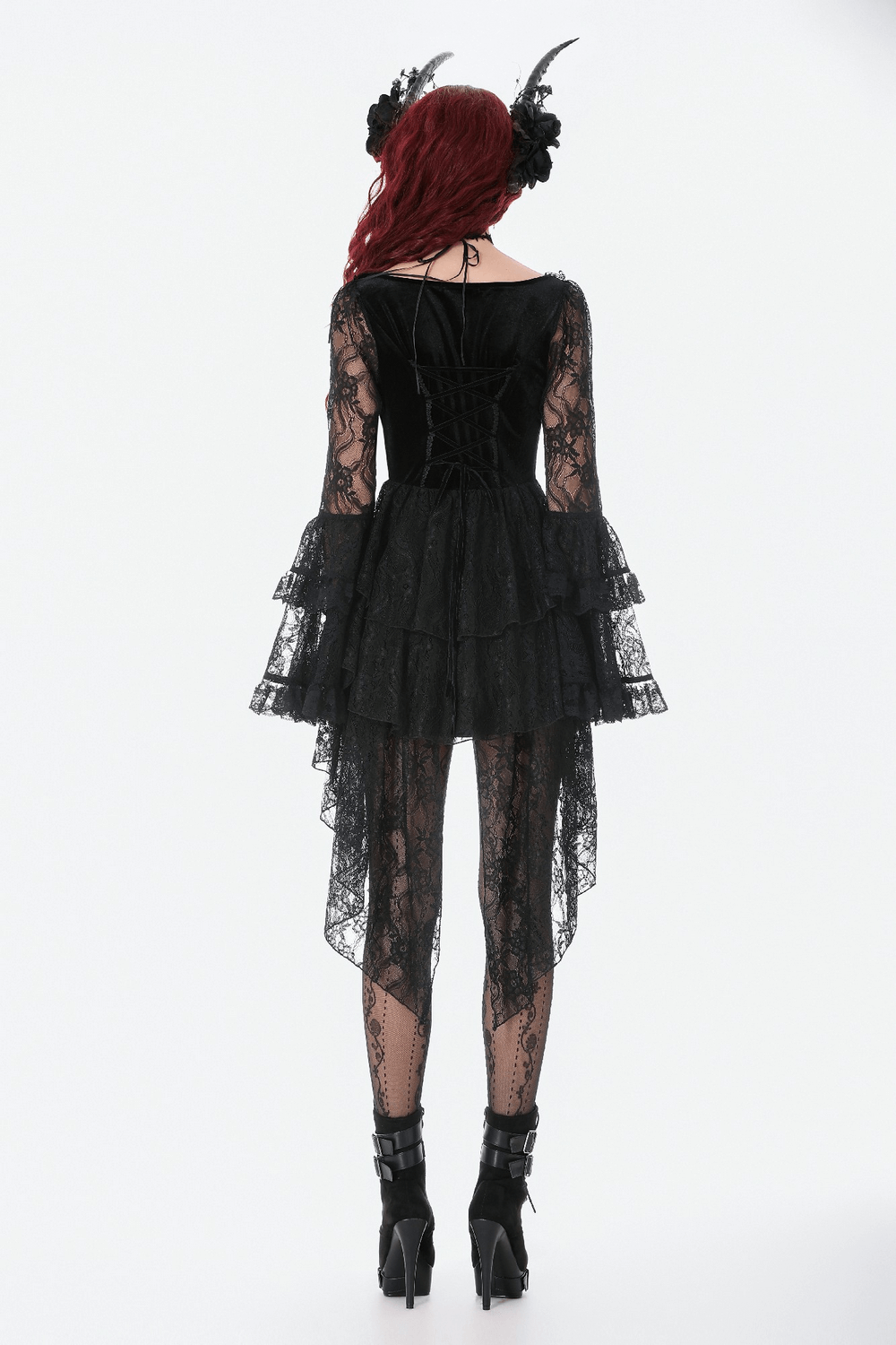 Chic Lace High Low Dress with Corset Back and Bell Sleeves showcased from the back, featuring dramatic bell sleeves and a lace train.