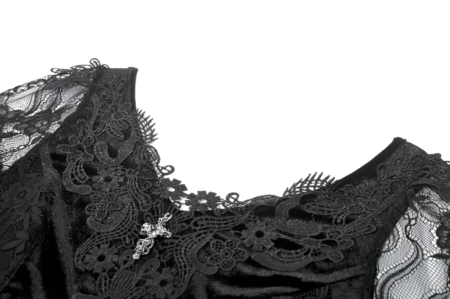 Chic Lace High Low Dress with Corset Back and Bell Sleeves featuring intricate black lace detail on neckline.