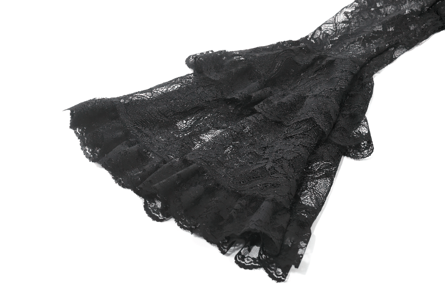Chic Lace High Low Dress with Corset Back and Bell Sleeves featuring dramatic lace ruffles and sheer floral details.