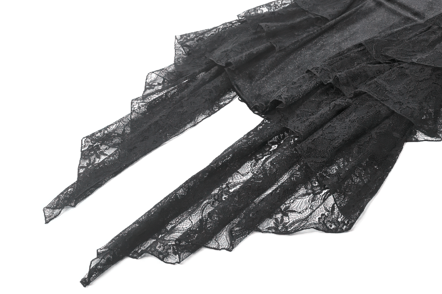 Chic Lace High Low Dress with Corset Back and Bell Sleeves featuring dramatic layered ruffles and black lace detail.