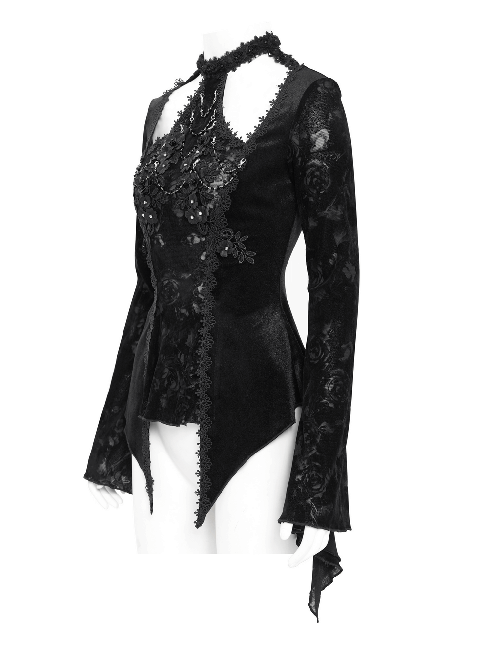 Chic black lace long-sleeved top with rose pattern and pearl details, perfect for gothic elegance.