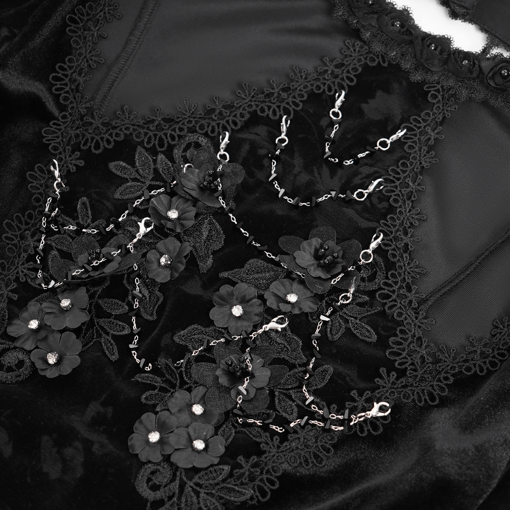Elegant black lace top with intricate rose details and pearl embellishments, perfect for gothic fashion enthusiasts.